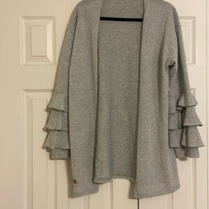 Simply Southern grey sweater with ruffled sleeves.